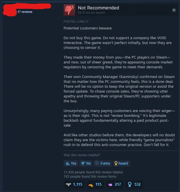 A screenshot of a Steam review for Ready or Not