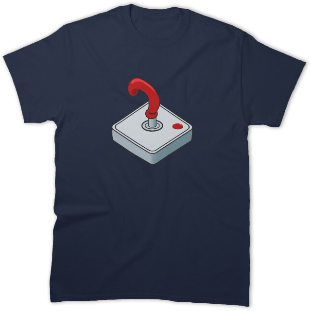 A navy blue t-shirt with an isometric illustration of a retro game controller with a single red button and a red handle in the shape of a cane.